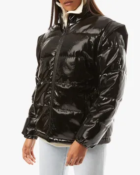 Snap Off Sleeve Shiny Faux Leather Puffer Jacket
