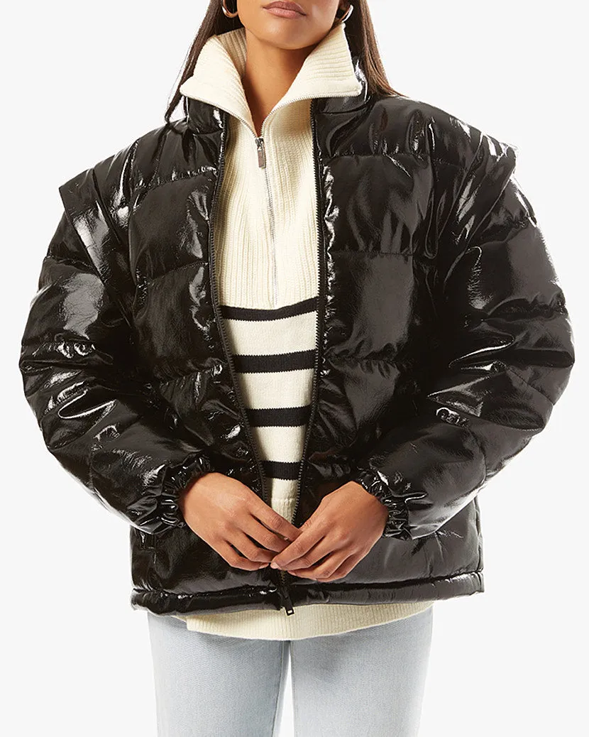 Snap Off Sleeve Shiny Faux Leather Puffer Jacket