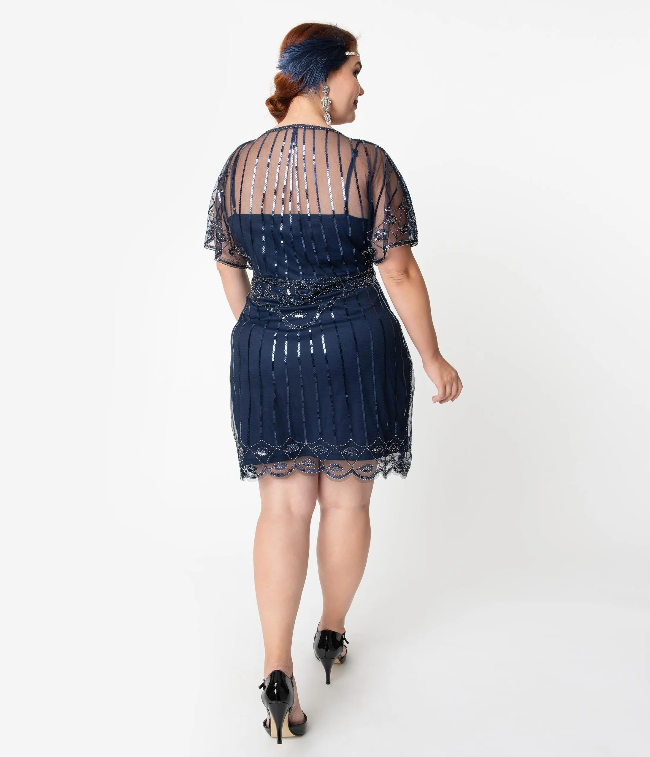 Unique Vintage Plus Size Navy Blue Beaded Angel Sleeve Oxsana Flapper Dress