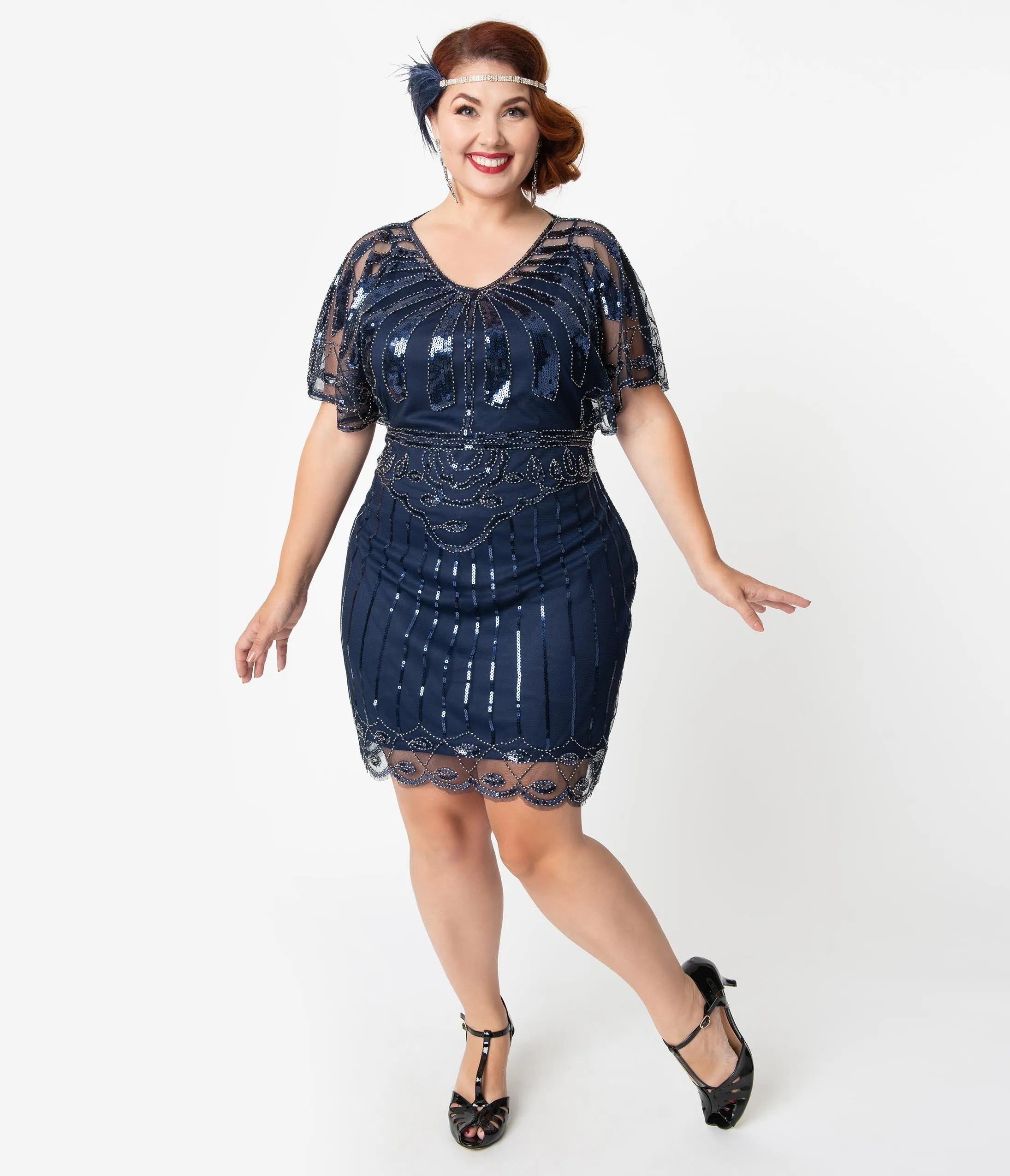 Unique Vintage Plus Size Navy Blue Beaded Angel Sleeve Oxsana Flapper Dress