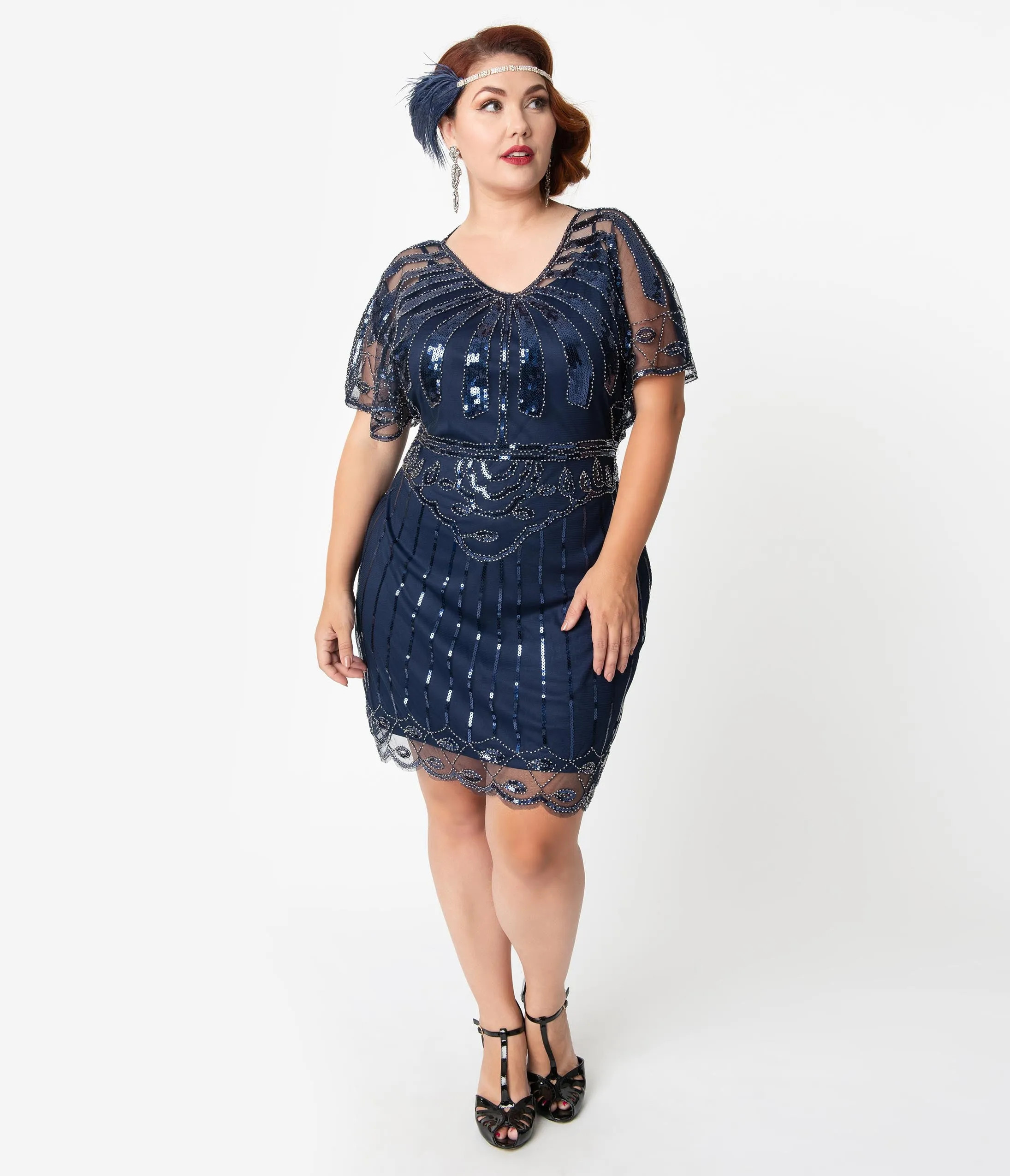 Unique Vintage Plus Size Navy Blue Beaded Angel Sleeve Oxsana Flapper Dress