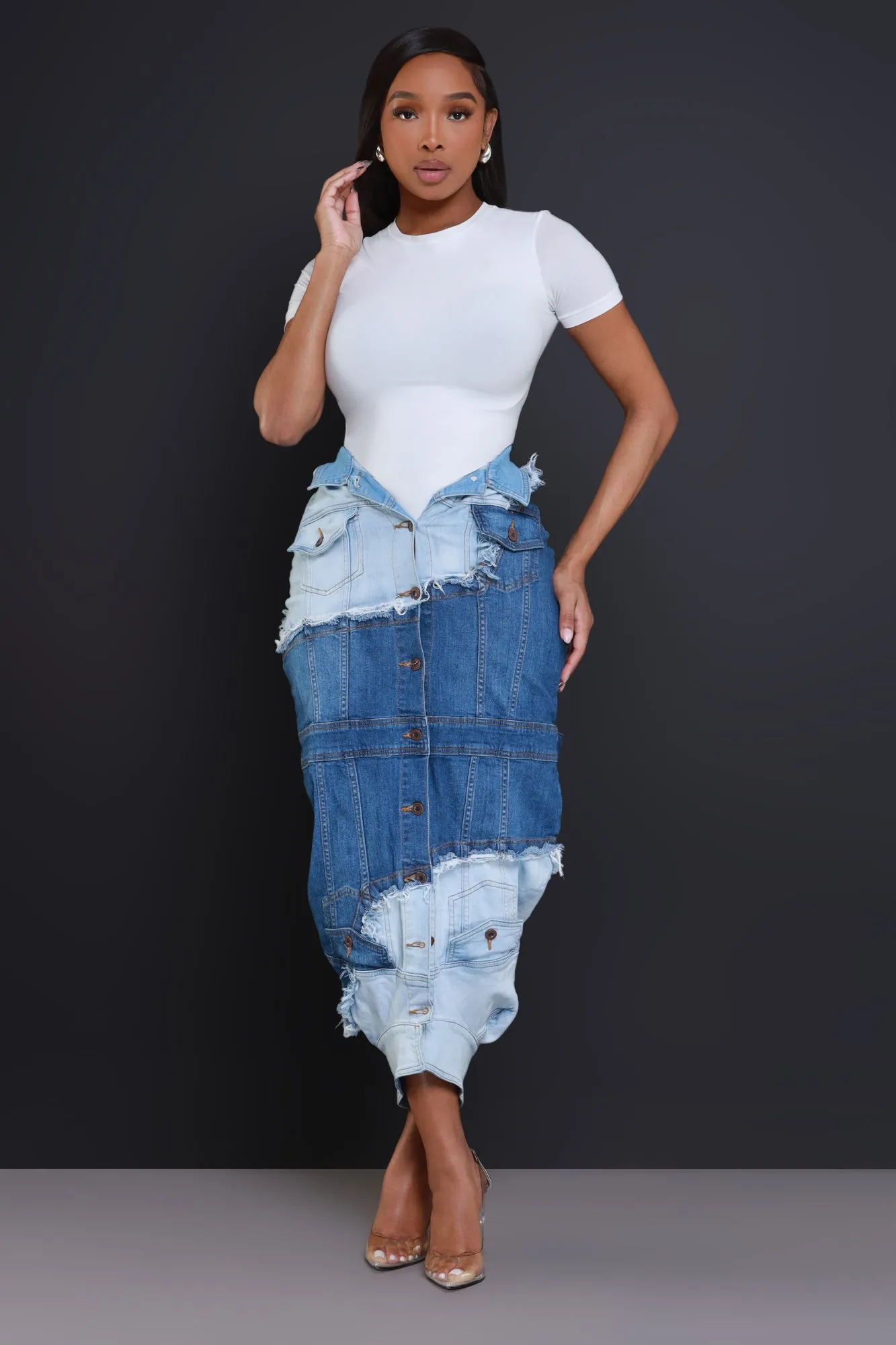 Whatever Asymmetrical Button Up Denim Skirt - Blue