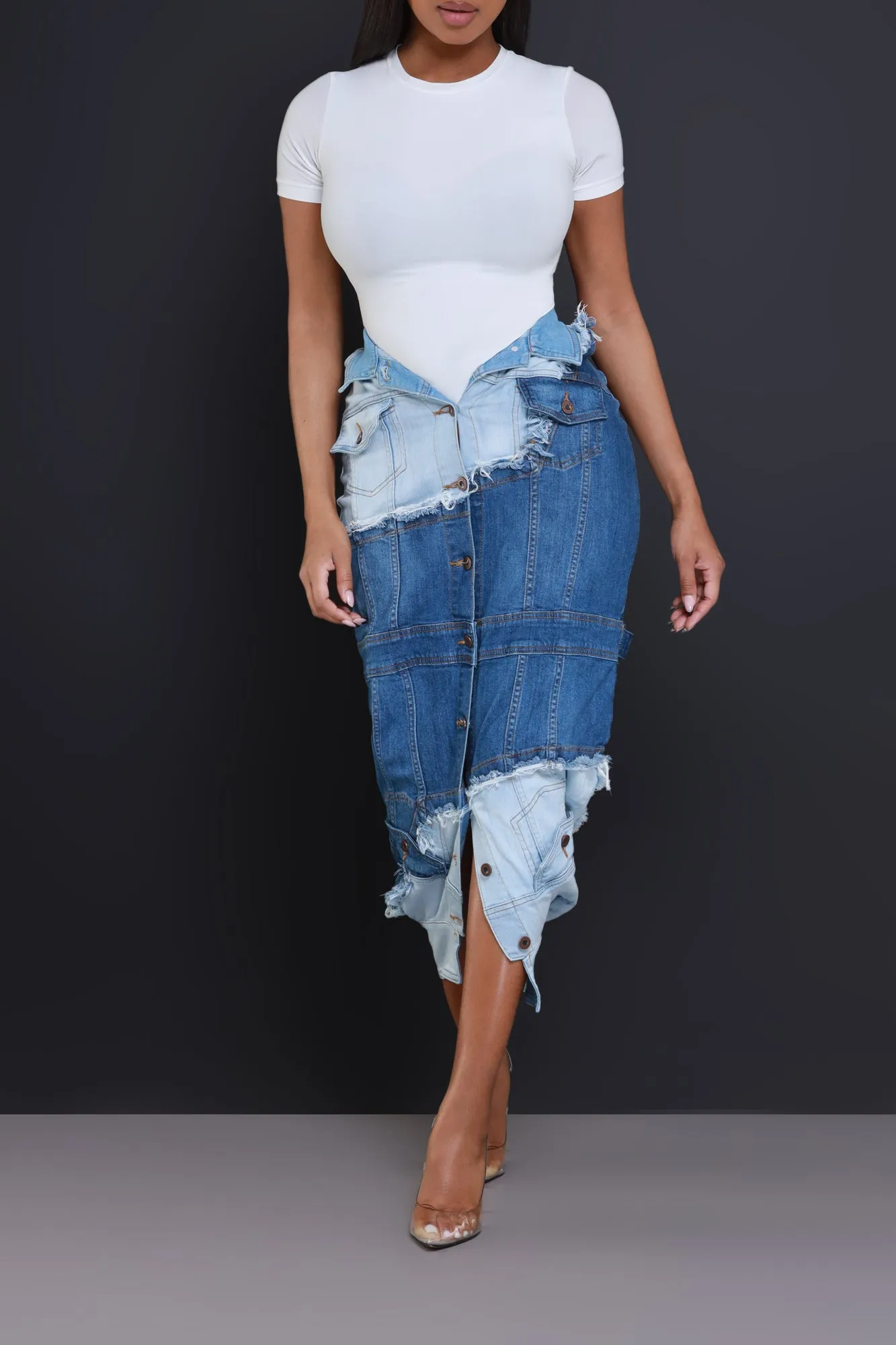 Whatever Asymmetrical Button Up Denim Skirt - Blue