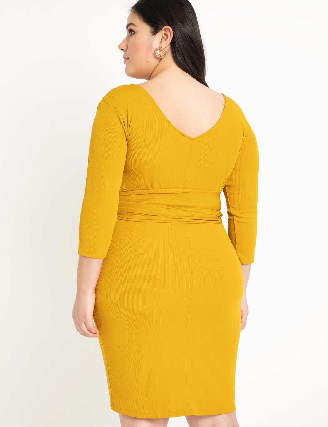 Wide Neck Tie Waist Ribbed Dress in Marigold