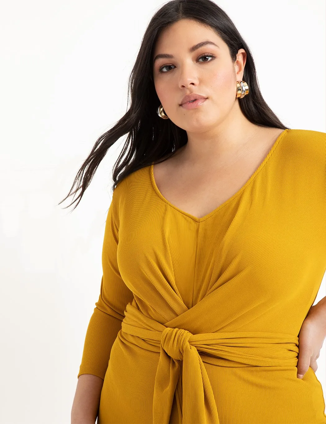 Wide Neck Tie Waist Ribbed Dress in Marigold