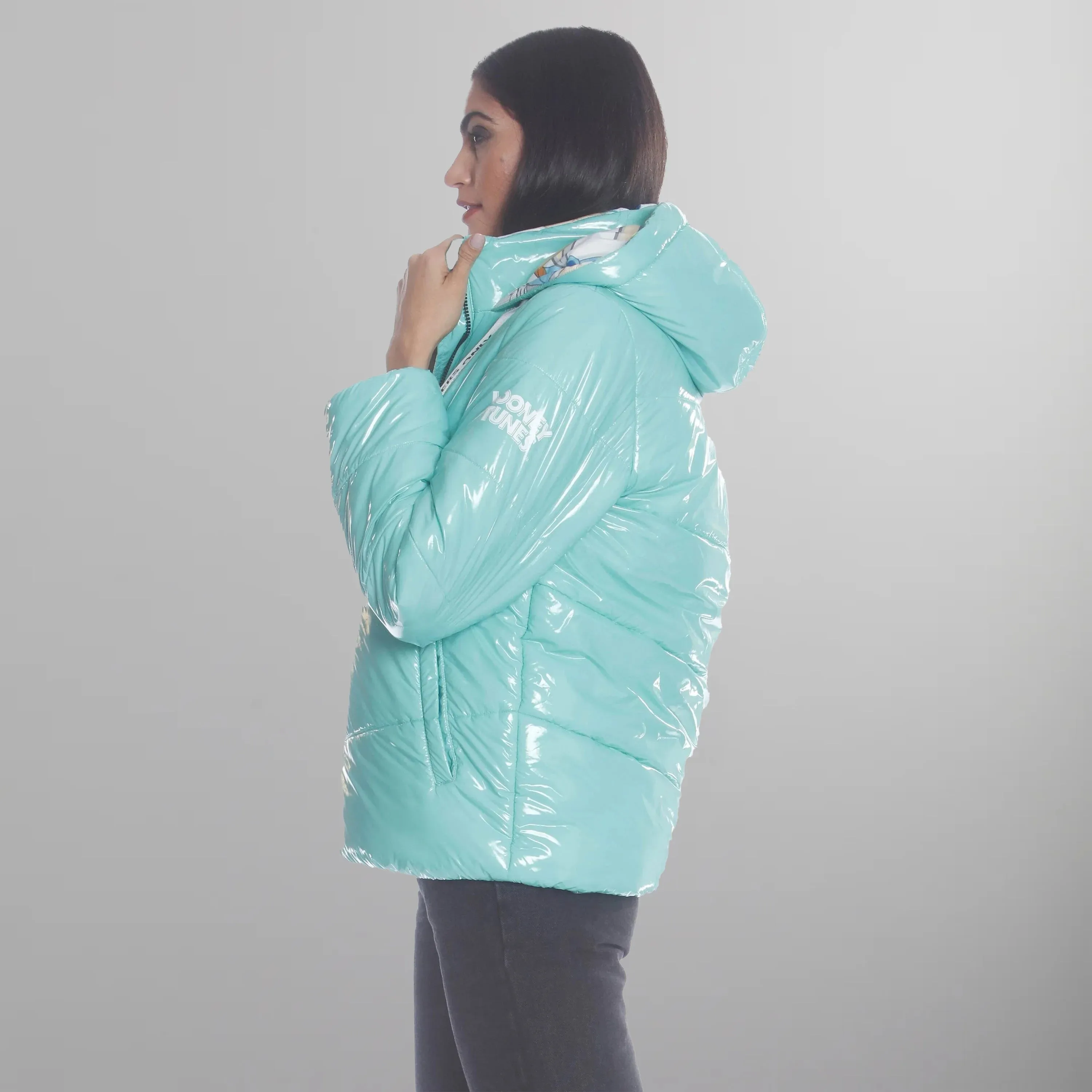 Women's Hi-Shine Chevron Quilt Puffer with Looney Tunes Mashup Print Lining - FINAL SALE