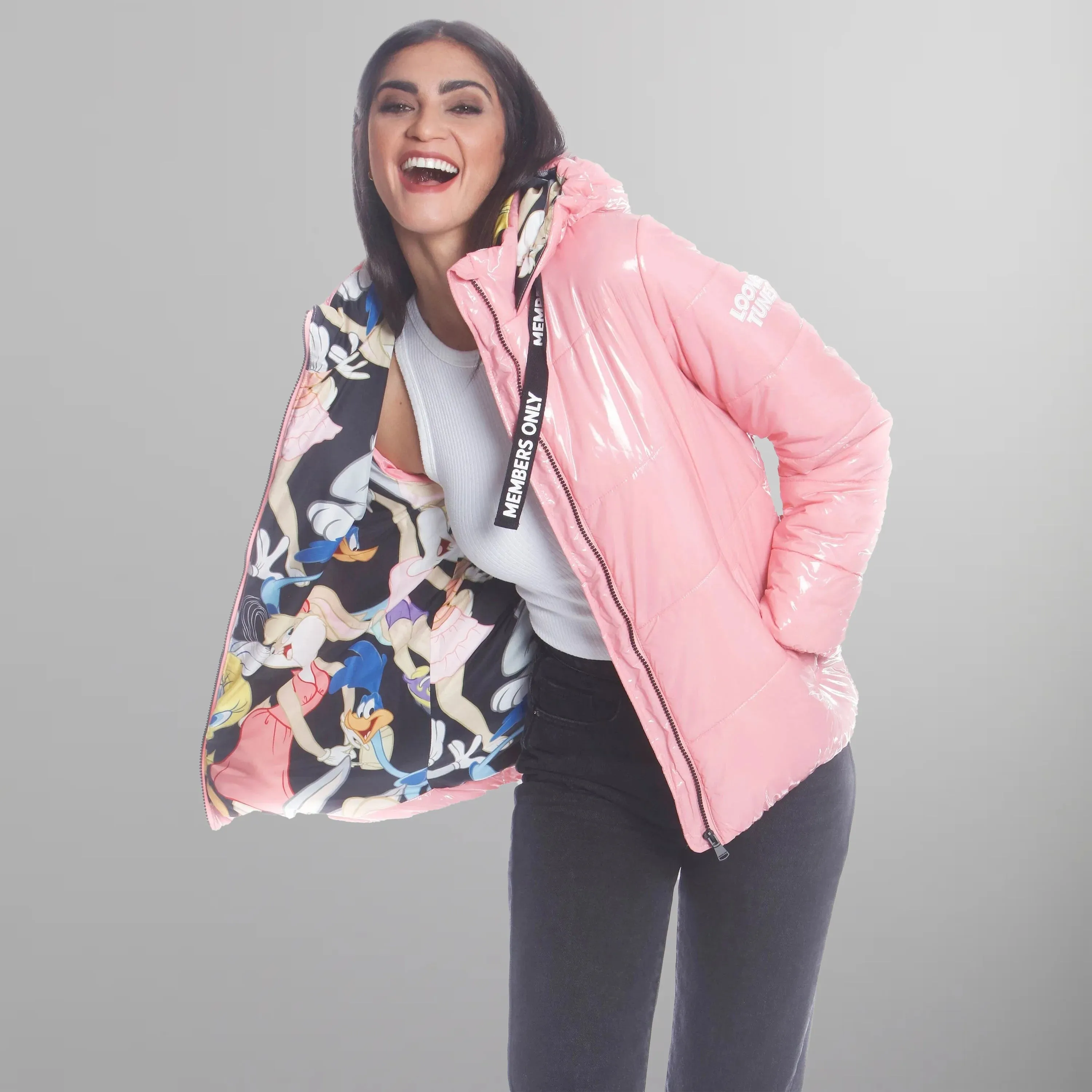 Women's Hi-Shine Chevron Quilt Puffer with Looney Tunes Mashup Print Lining - FINAL SALE
