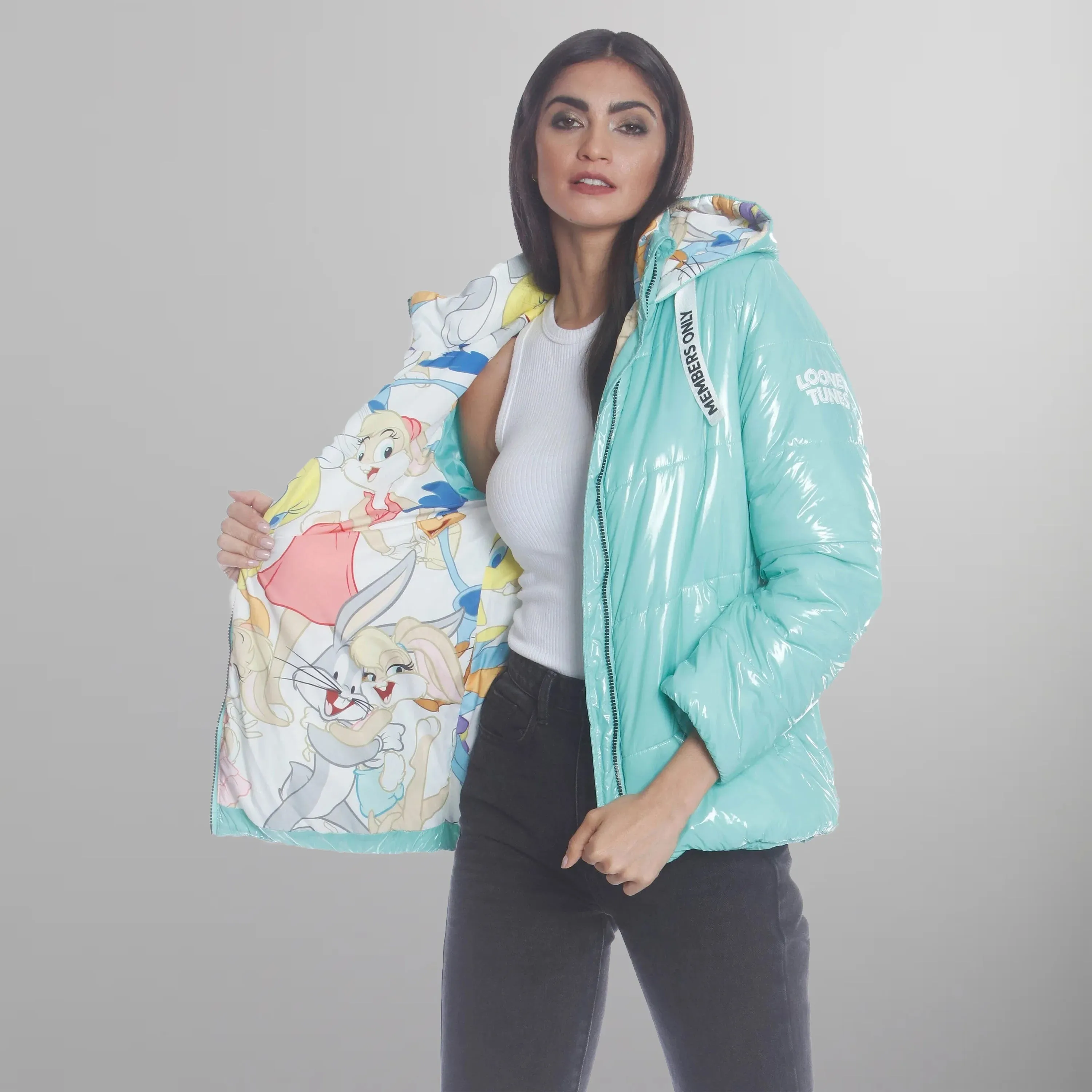 Women's Hi-Shine Chevron Quilt Puffer with Looney Tunes Mashup Print Lining - FINAL SALE