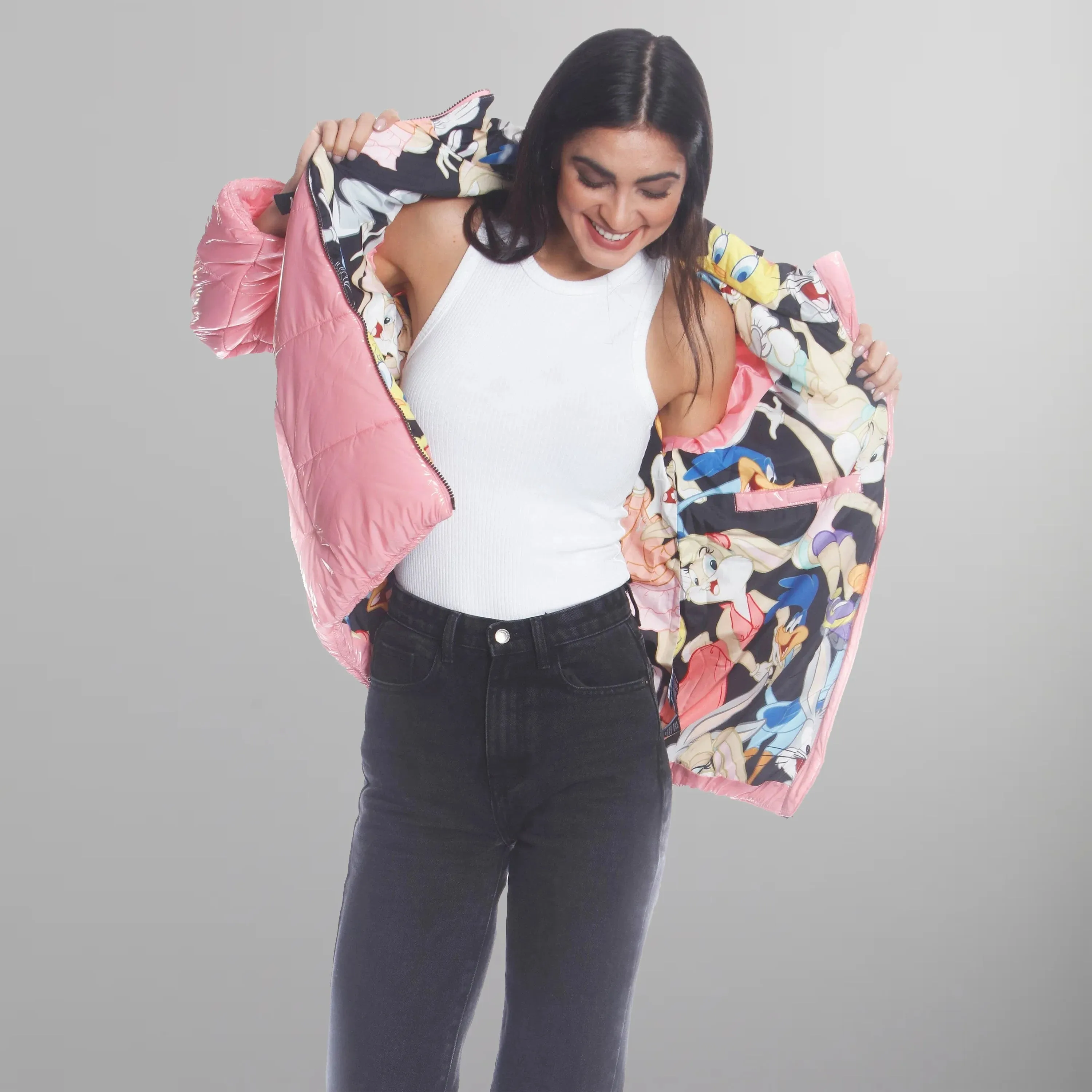 Women's Hi-Shine Chevron Quilt Puffer with Looney Tunes Mashup Print Lining - FINAL SALE
