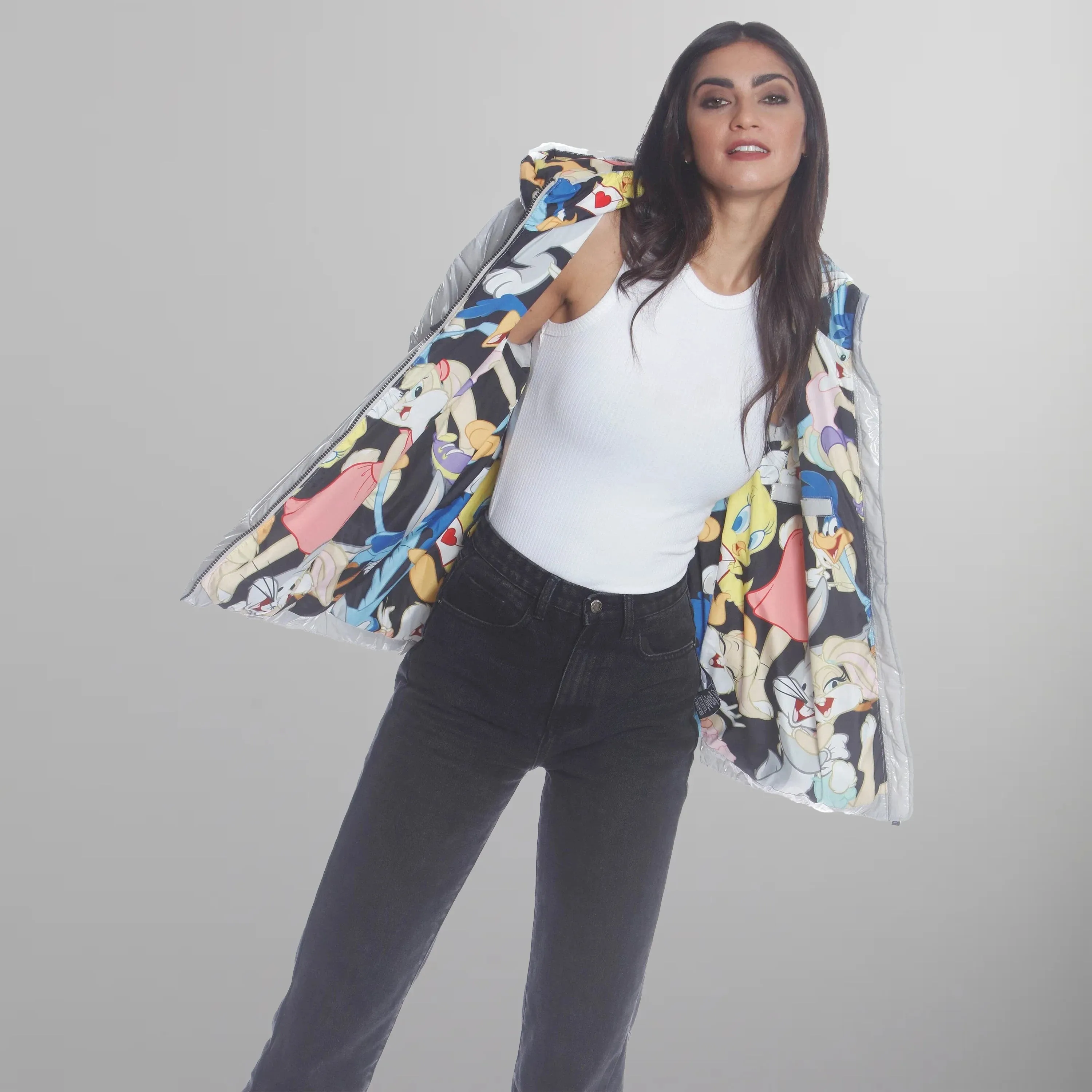 Women's Hi-Shine Chevron Quilt Puffer with Looney Tunes Mashup Print Lining - FINAL SALE