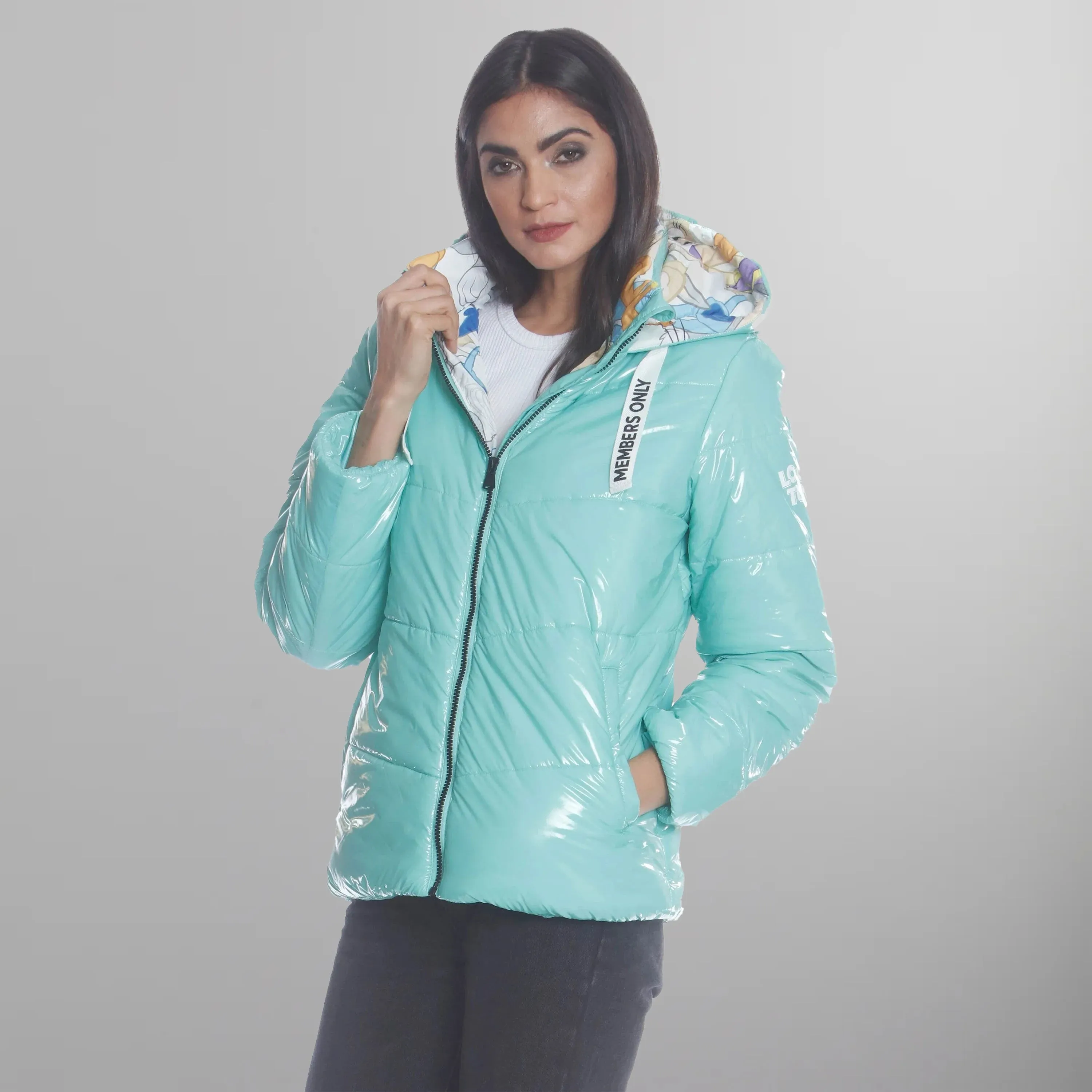 Women's Hi-Shine Chevron Quilt Puffer with Looney Tunes Mashup Print Lining - FINAL SALE