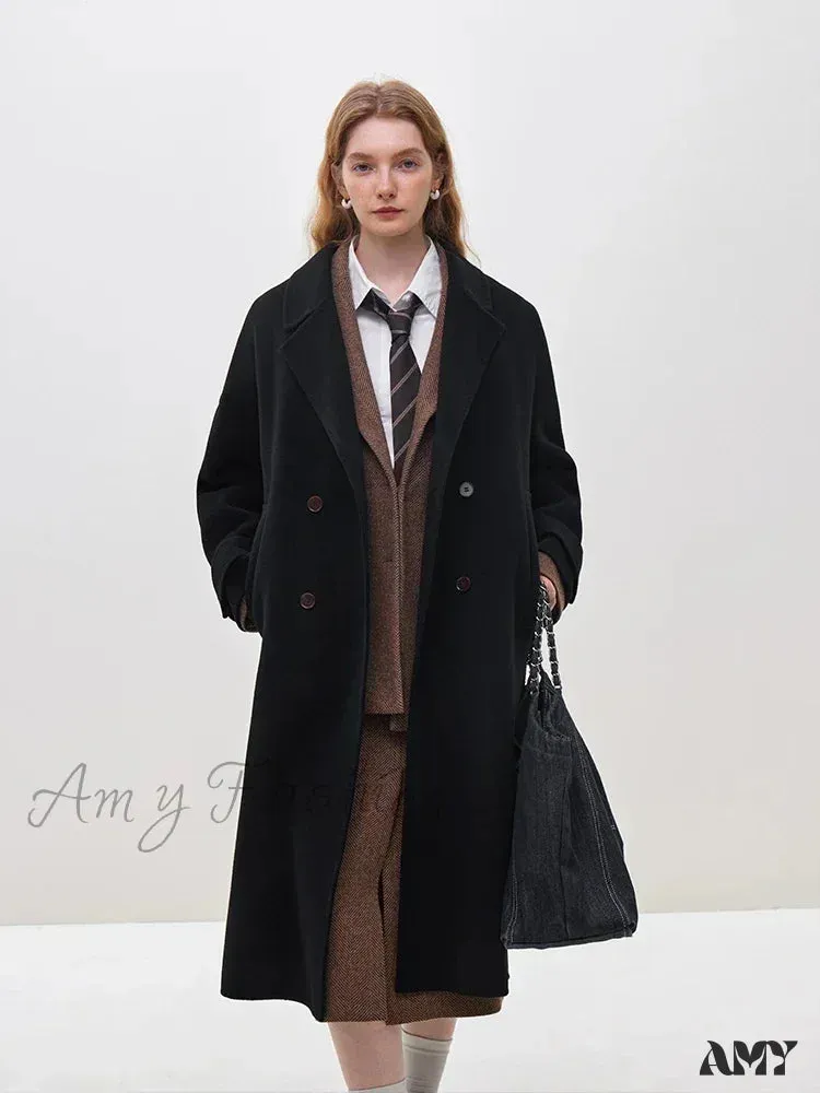 Wool Winter Notched Collar Belt Decoration Long Double Breasted Coat